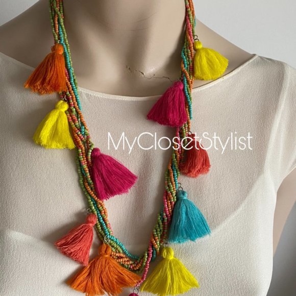 ANTHROPOLOGIE BEADED Tassel Necklace Turquoise - Picture 4 of 4